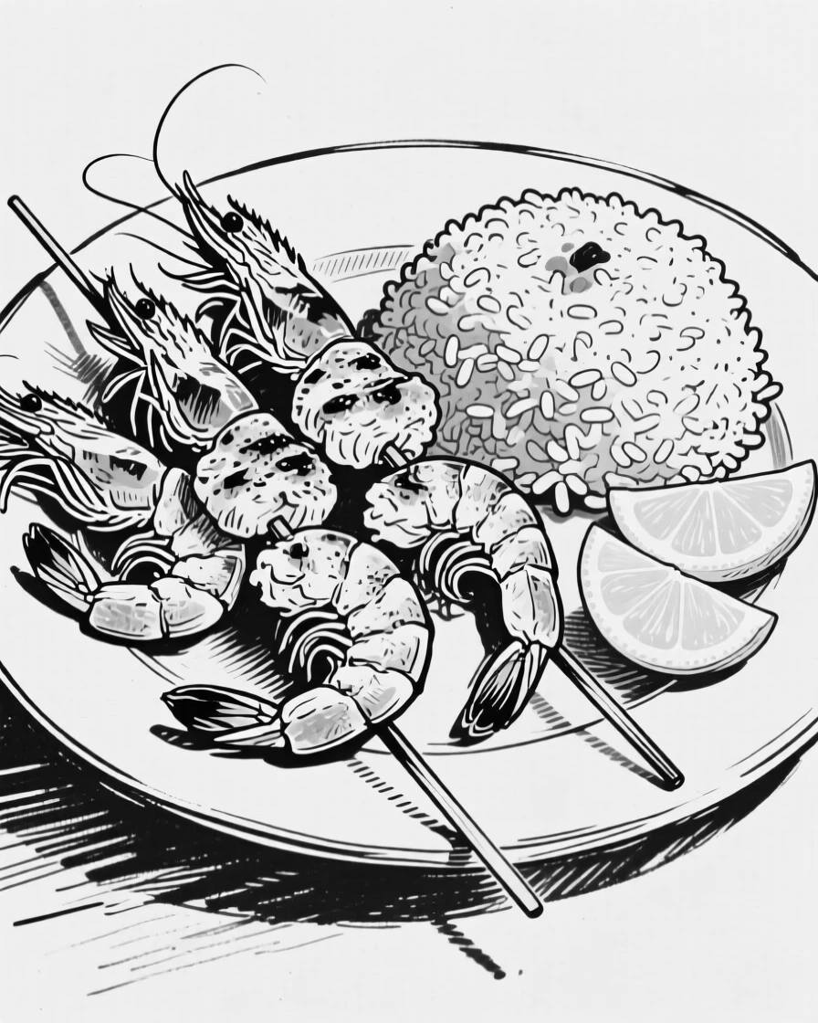 A plate of grilled shrimp skewers with a side of lemon rice.