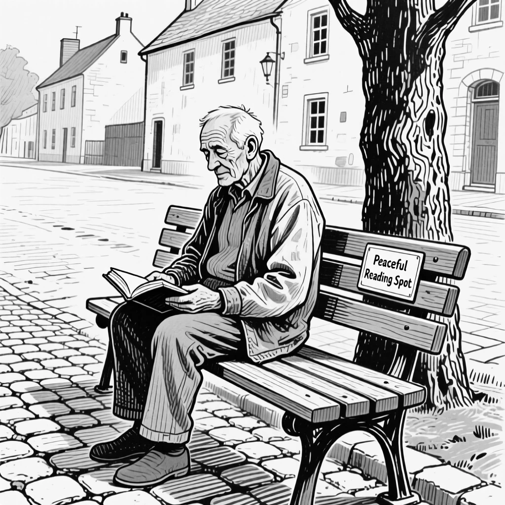 An elderly man reading on a park bench along a quiet cobblestone street, with a look of quiet contentment, creating a genuinely uplifting lifestyle scene.