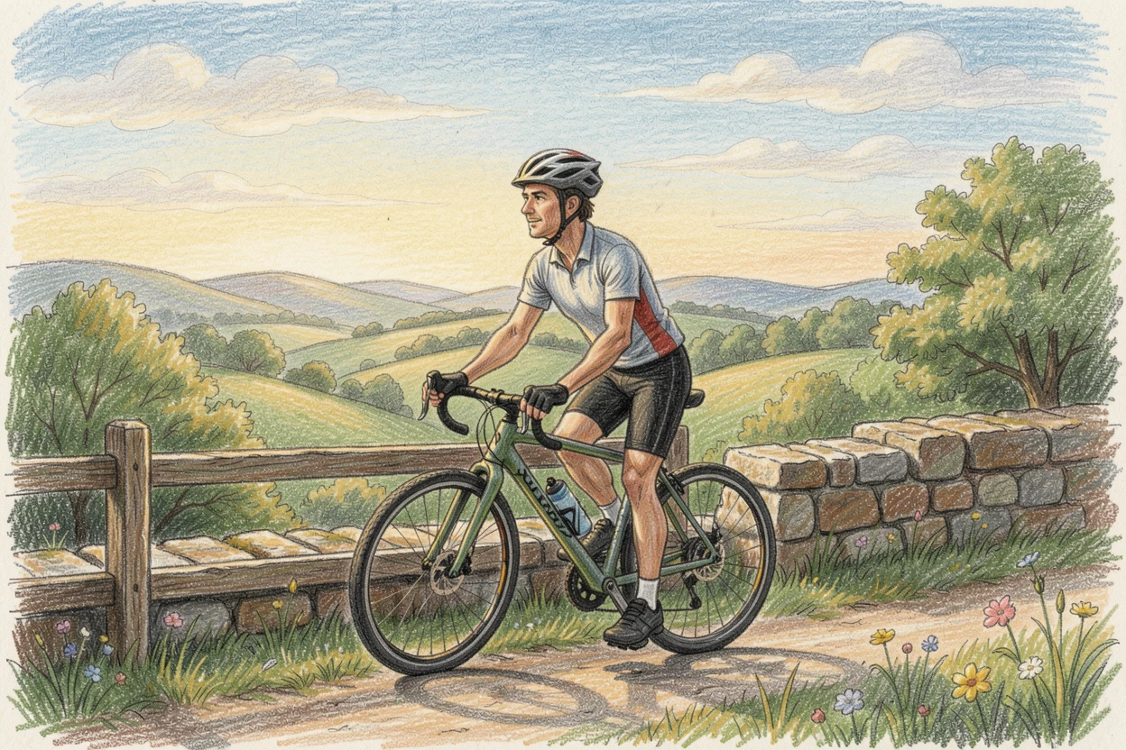 A cyclist pausing at a scenic overlook during a countryside ride, captured in a quiet, intimate moment full of atmosphere, full of charm, emotion, and visual delight.