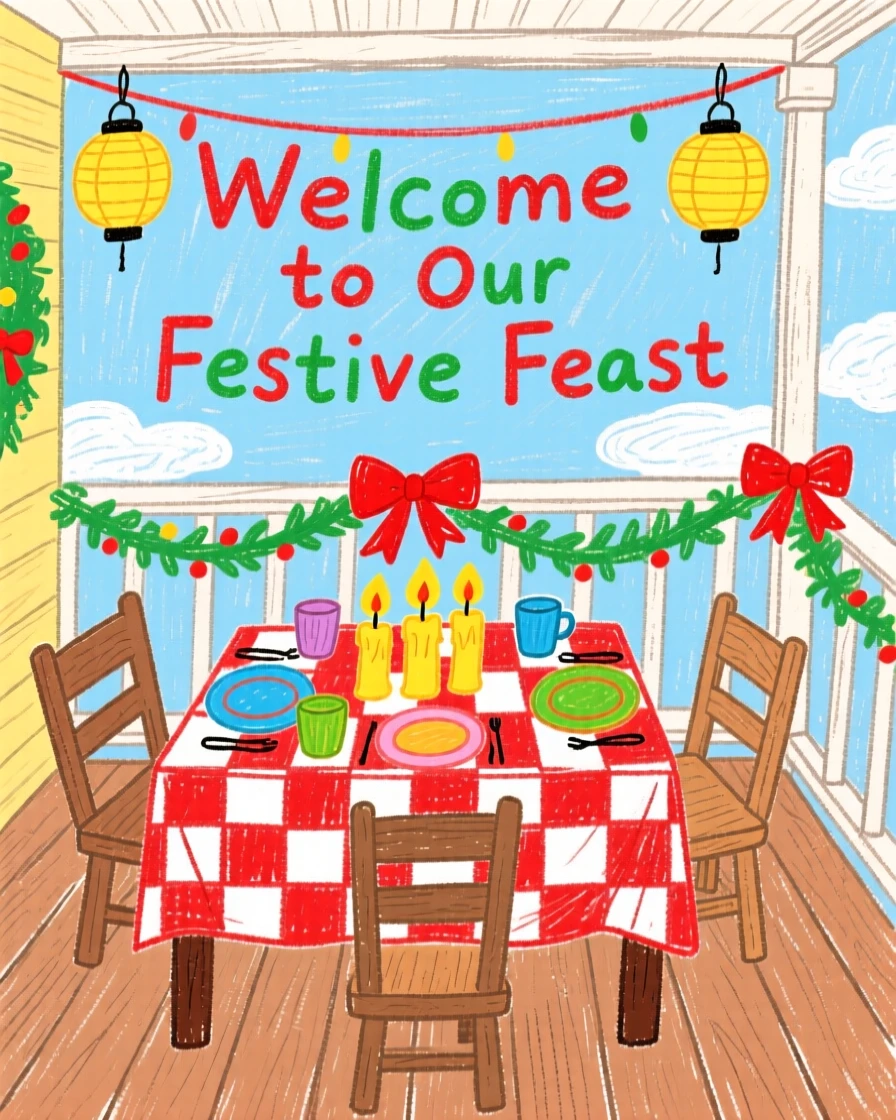 A table set for a festive dinner set on a porch decorated for the season.