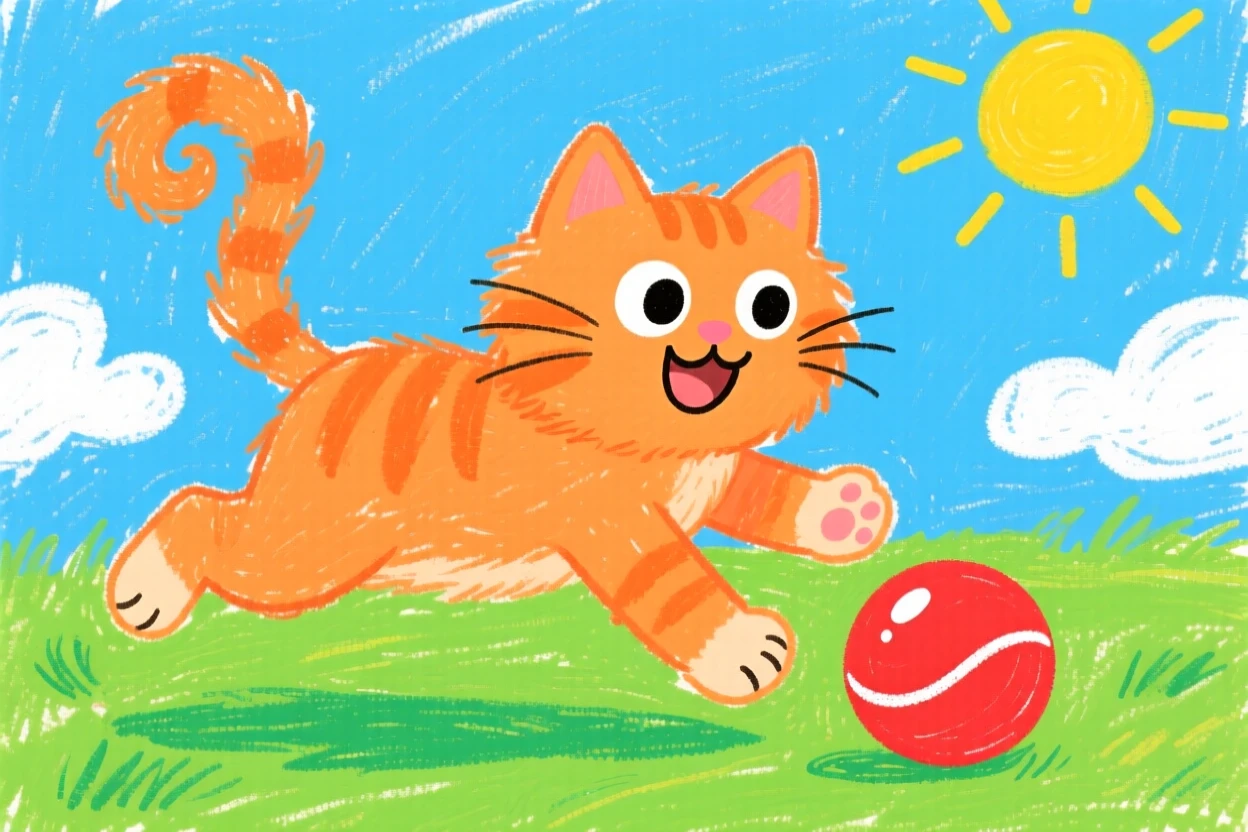 A fluffy orange kitten fetching a rubber ball across the lawn.