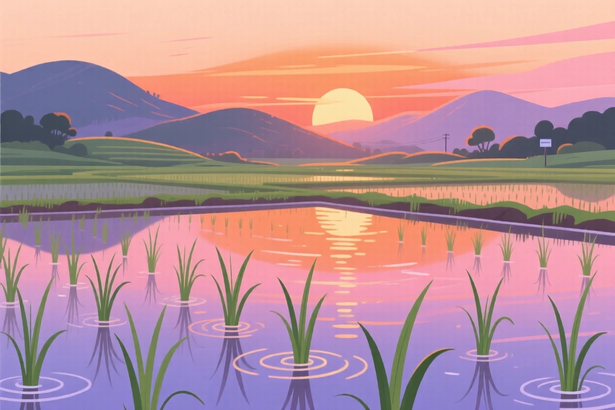 A tranquil rice paddy reflecting the colors of sunset, with soft morning light illuminating the scene, composed with a dreamy sense of wanderlust and adventure, with a nostalgic, postcard-like charm.