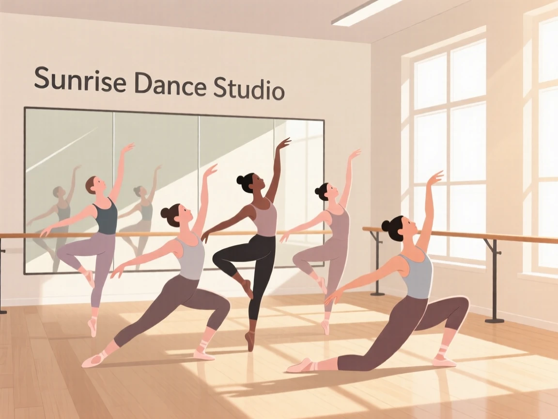 A group of dancers rehearsing a routine in a sunlit studio.