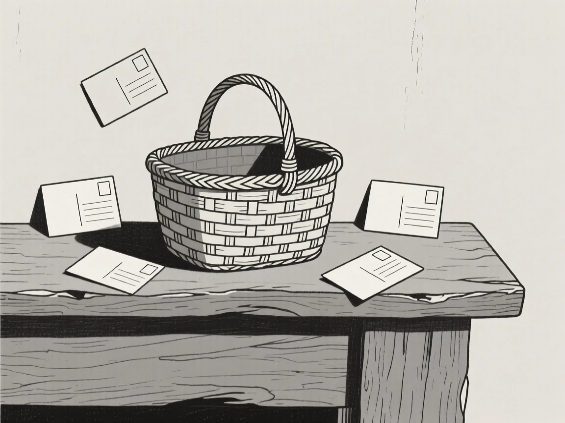 A woven picnic basket resting on a rustic mantelpiece, surrounded by scattered postcards, evoking gentle sentimentality.