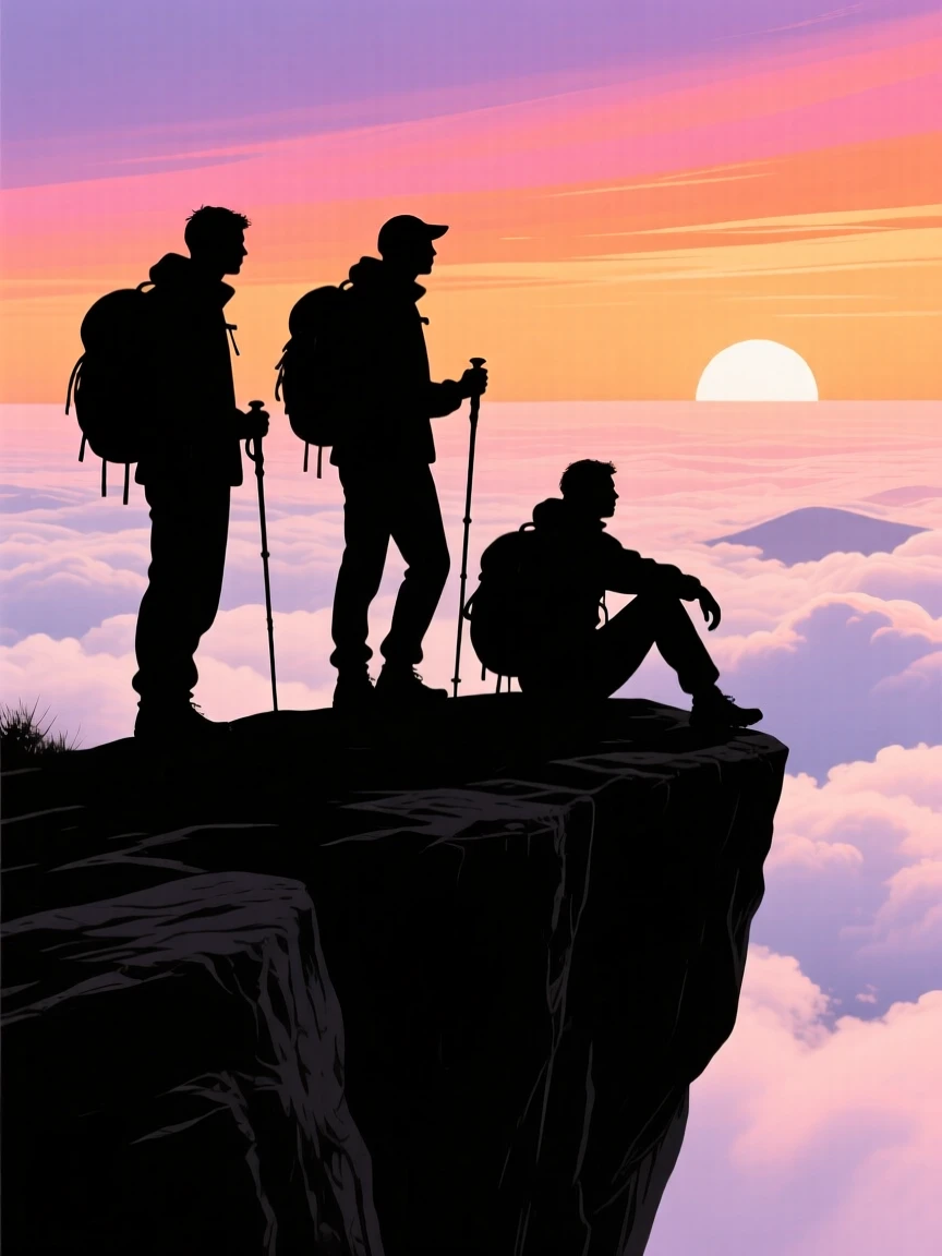 A trio of hikers pausing to rest at a scenic overlook above the clouds.