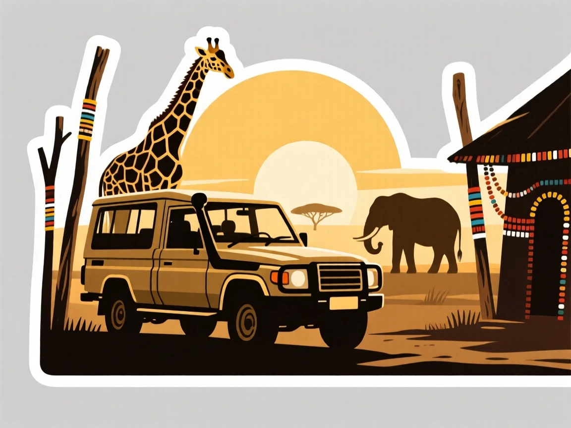 A sun-drenched Kenyan safari jeep spotting wildlife at dawn, framed by traditional architecture, in a moment worth remembering forever.