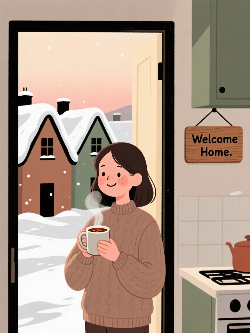 Snow blankets a row of cottage rooftops while a young woman watches from a warm kitchen doorway, a mug of spiced cider warming their hands.