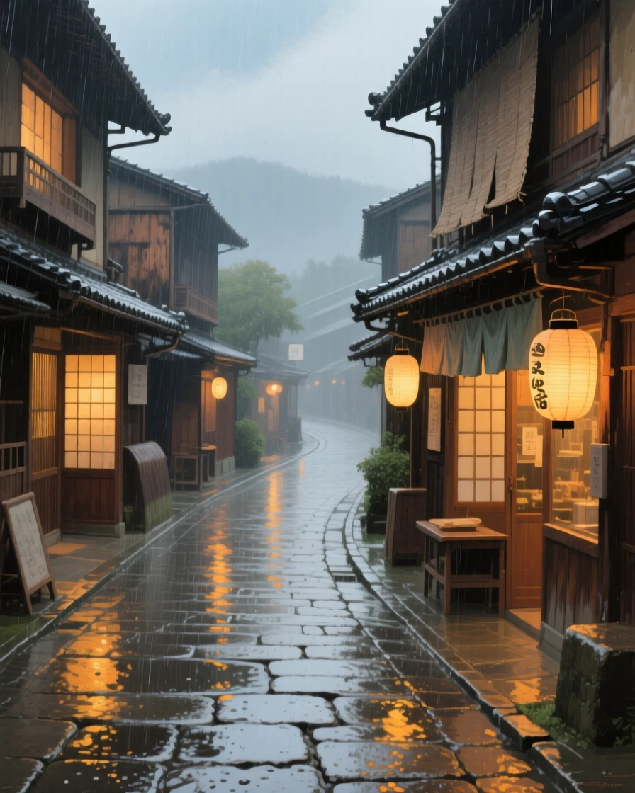 A wide establishing shot of a rain-soaked street reflecting the warm glow of shop windows, in old Kyoto, in early morning light.