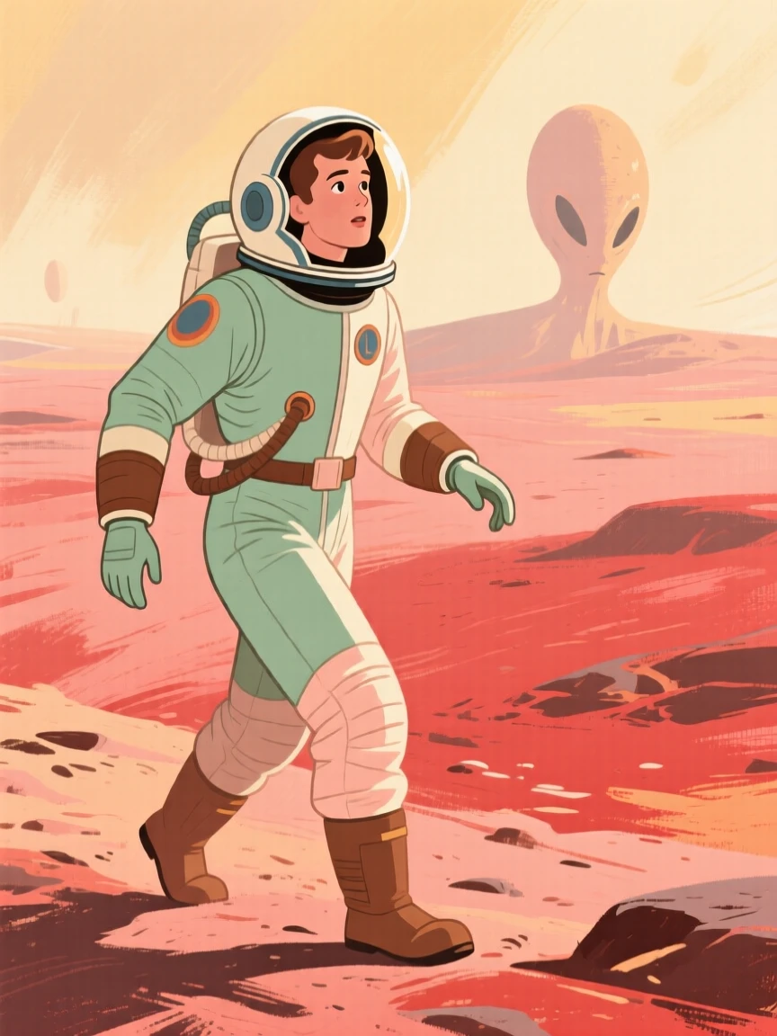 A retro spaceman exploring the surface of a distant red planet