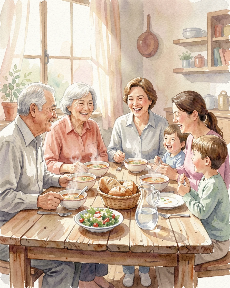 A family gathered around a table sharing a meal with warm smiles all around.