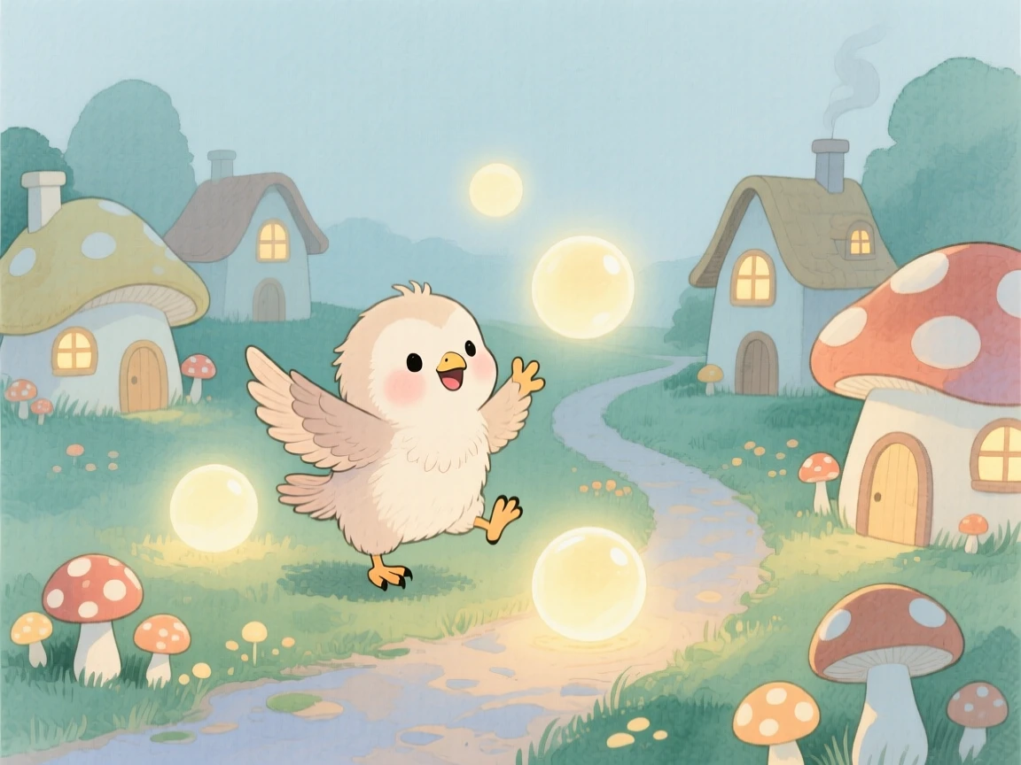 A tiny baby griffin plays among floating glowing orbs in a village of tiny mushroom houses, with glowing mushrooms lighting the path