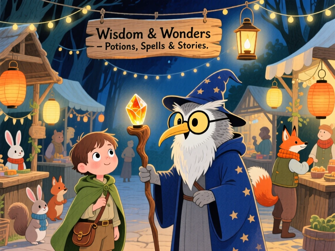 A curious young explorer meeting a wise old owl wizard in a lantern-lit night market for woodland folk.