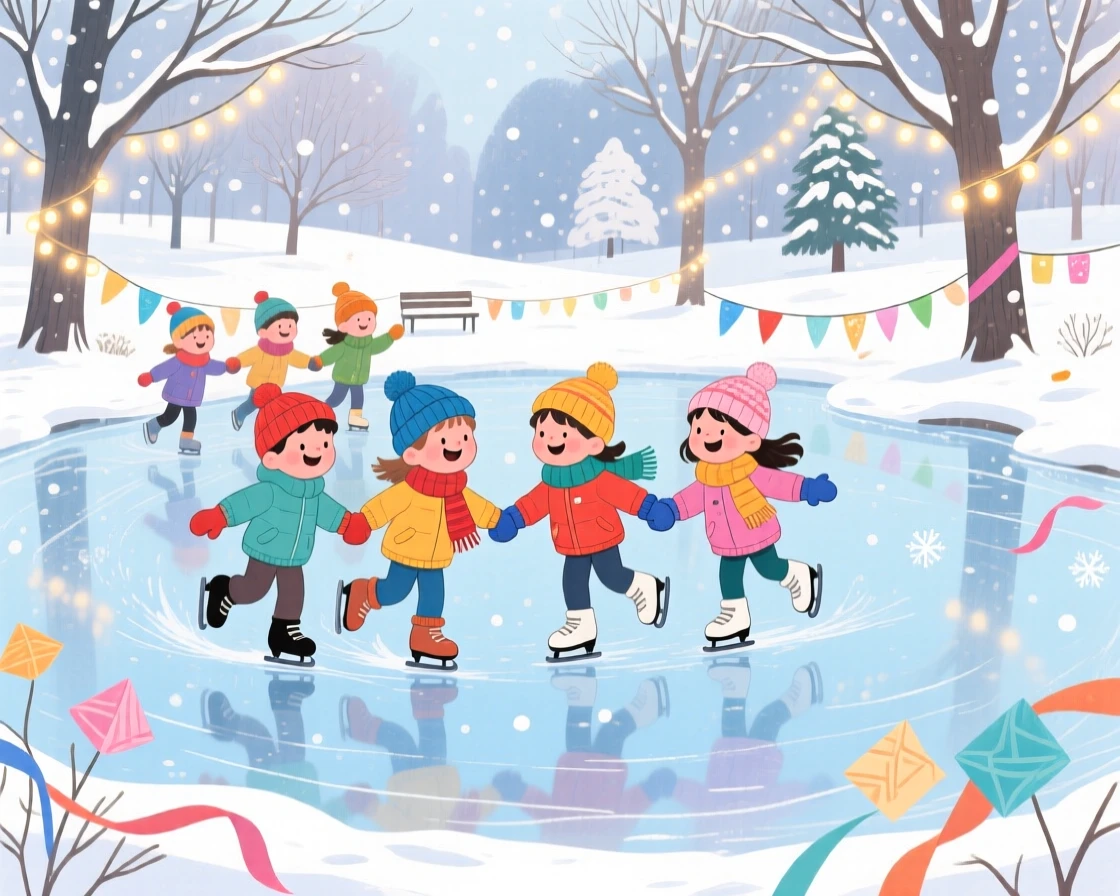 Children ice skating together on a frozen pond, in a snowy park lined with twinkling lights, with ribbons and paper decorations fluttering in the breeze, evoking playful winter joy.