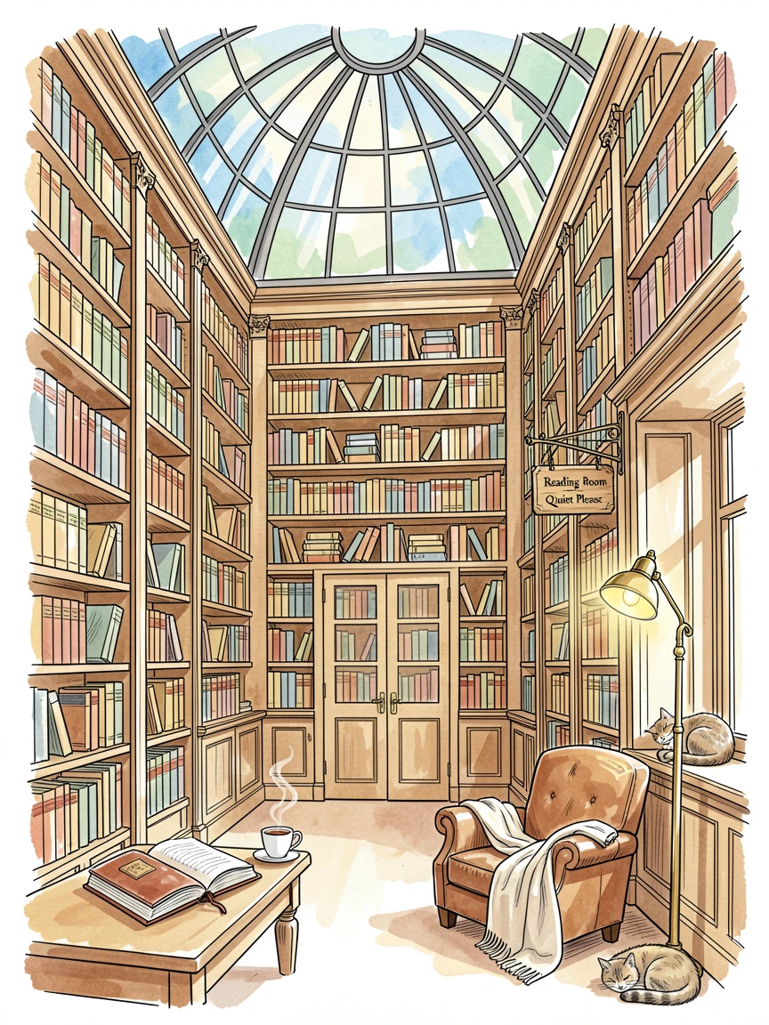 A grand old library with soaring shelves and a domed glass ceiling, small details of daily life scattered throughout the setting.