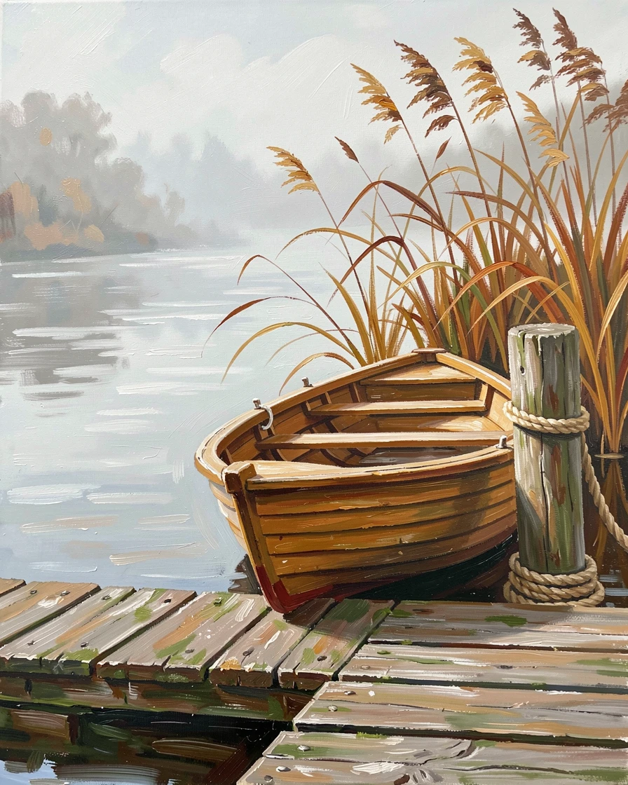 A small wooden rowboat tied to a dock, mist rising gently off the water's surface, beside reeds swaying gently at the water's edge, on a misty autumn morning.