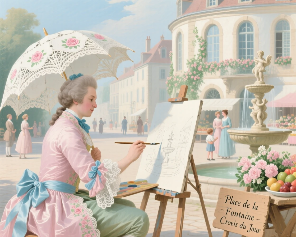 A painter sketching a village square from beneath a parasol  