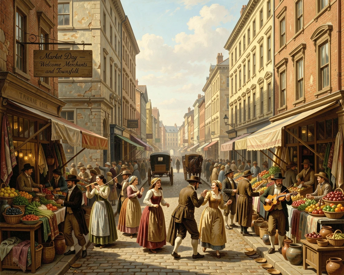 A crowd of merchants plays in a grand avenue lined with old buildings on a busy market morning.
