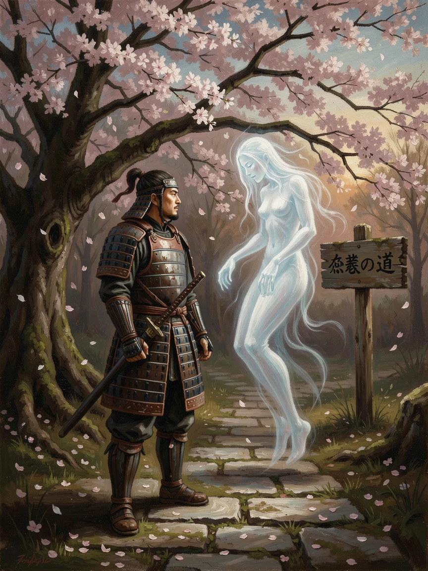 A lone samurai facing a spectral spirit beneath falling cherry blossoms, with dramatic, cinematic lighting enhancing the sense of wonder, creating a scene that feels both magical and entirely believable