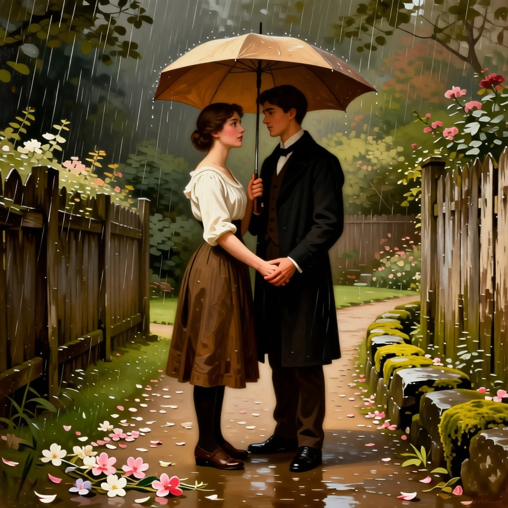 A young couple sharing an umbrella while waiting out a rainstorm in a small, tender moment that says everything without words, set beside a garden path scattered with fallen blossoms, with worn, familiar surroundings that speak of years shared together; the composition draws the eye naturally to interlocked hands or shared eye contact, filled with gentle joy and quiet devotion.