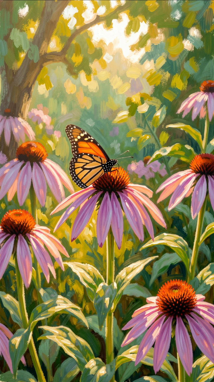 A monarch butterfly resting on a cluster of purple coneflowers in a sunlit summer garden, capturing a fleeting moment of pure happiness.