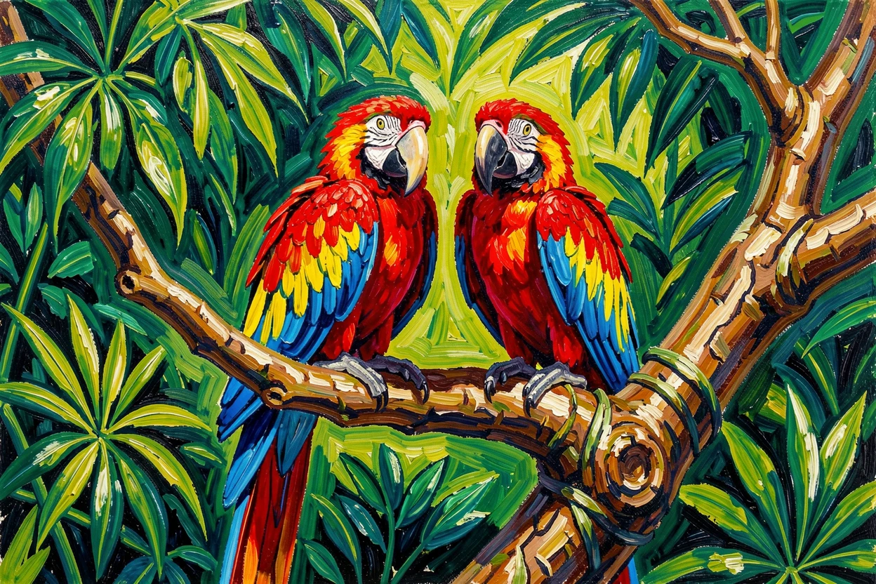 A pair of macaws perched on a branch, brilliant feathers vivid against green jungle foliage.