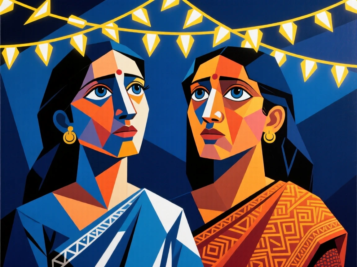 A close-up portrait of twin sisters of Indian heritage, looking up in awe, beneath a canopy of string lights.