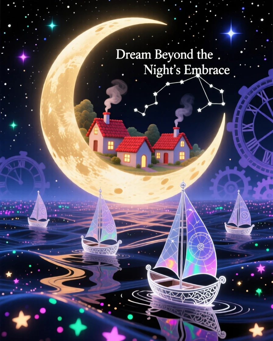 A crescent moon cradling a small sleeping village in its curve spins gently at the center of an infinite dark sky, while tiny boats drift silently across a sea of stars below.