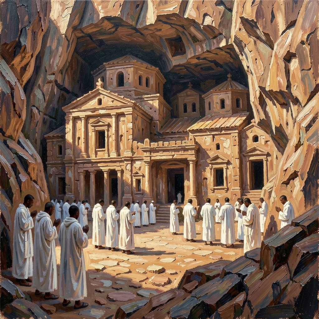 The ancient rock-hewn churches of Lalibela in Ethiopia stand carved directly into the earth, pilgrims in white robes gathering for prayer, the play of light across weathered surfaces revealing decades of history in every wall.