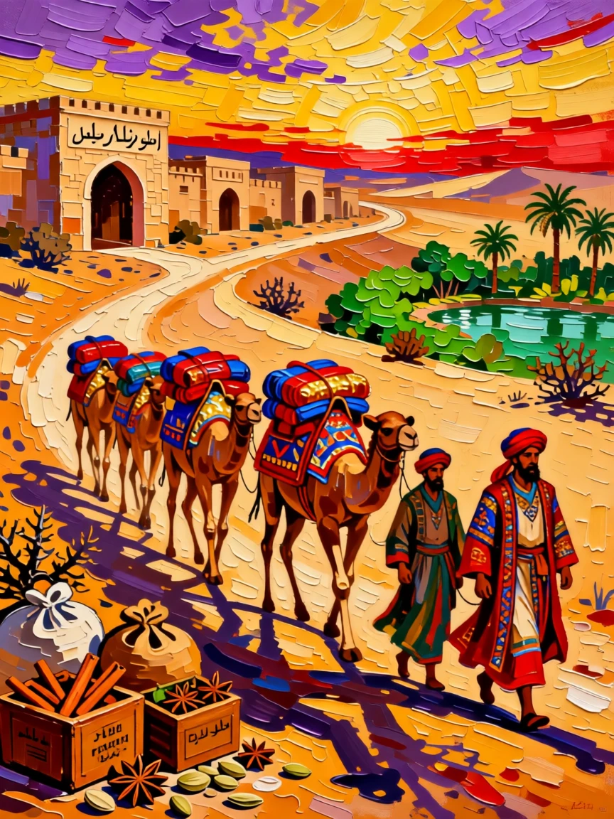 A caravan of traders crossing the ancient Silk Road with camels loaded with silk and spice