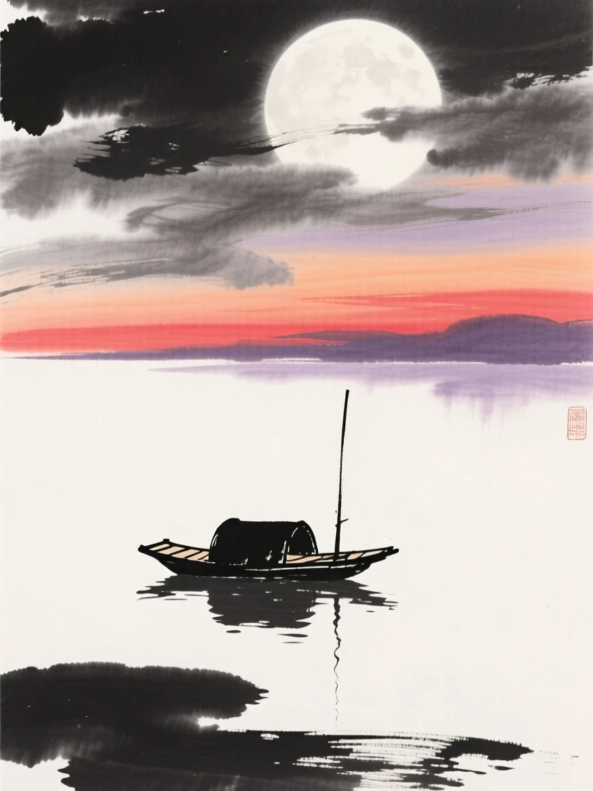 A lone boat drifts across a still lake beneath a rising moon, beneath a sky painted with the colors of sunset.
