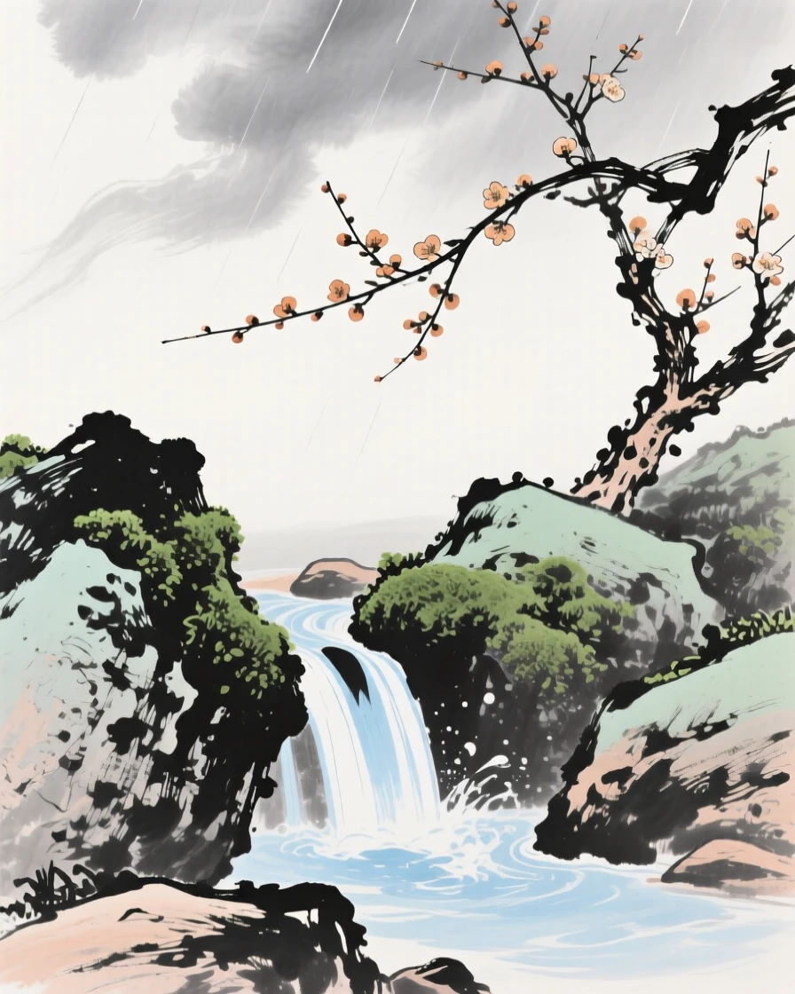 A mountain spring bubbling up beside mossy stones, under clearing skies after a storm, full of quiet reverence, as the last plum blossoms cling to bare branches.