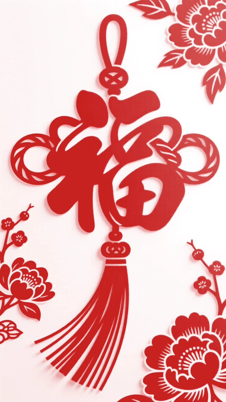 A knot of red cord tied in the shape of the character for good fortune, tassels hanging below