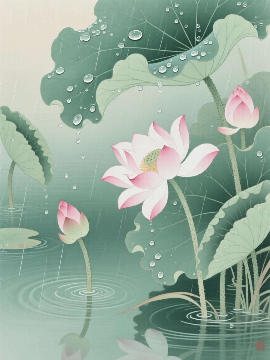 A summer rainstorm passing over a lotus pond, droplets on every leaf