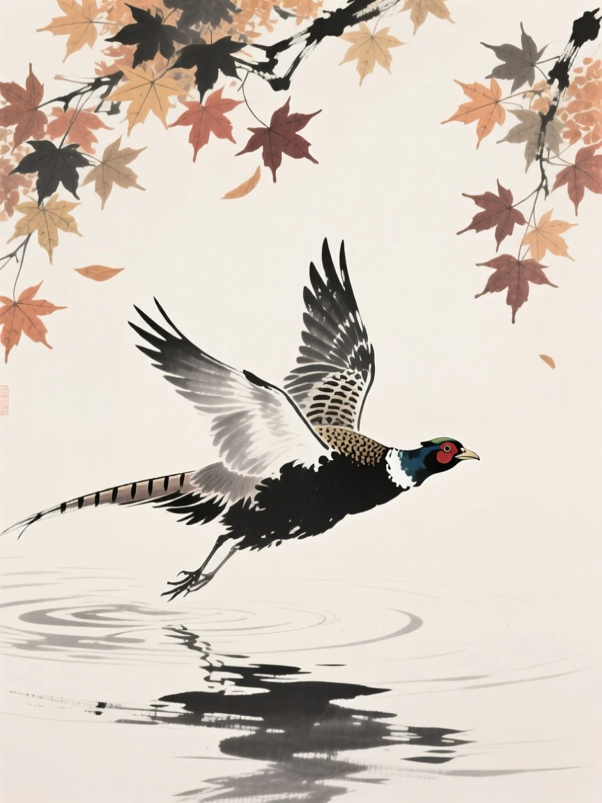 A pheasant gliding low across the water's surface beneath a canopy of autumn maple leaves, captured mid-motion with wings outstretched, capturing a fleeting moment of natural beauty.