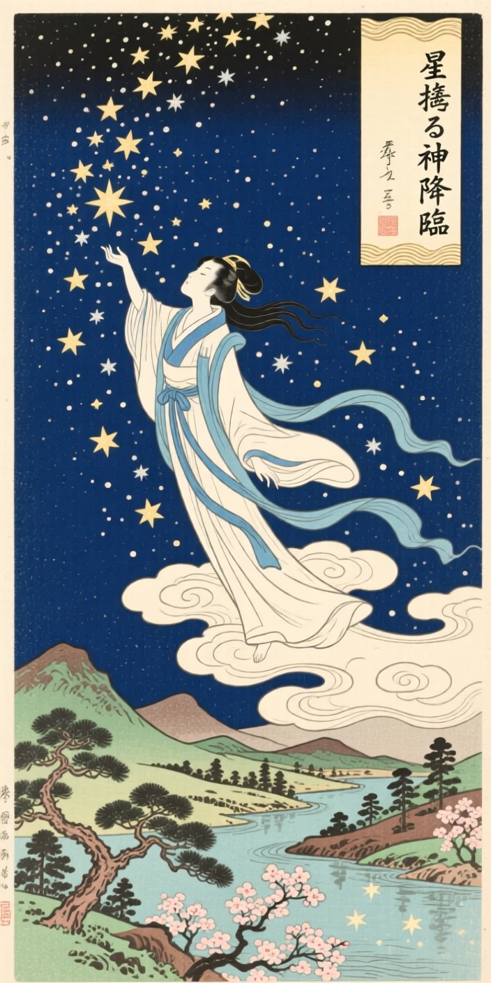 A star-born deity descending in a shower of falling stars.