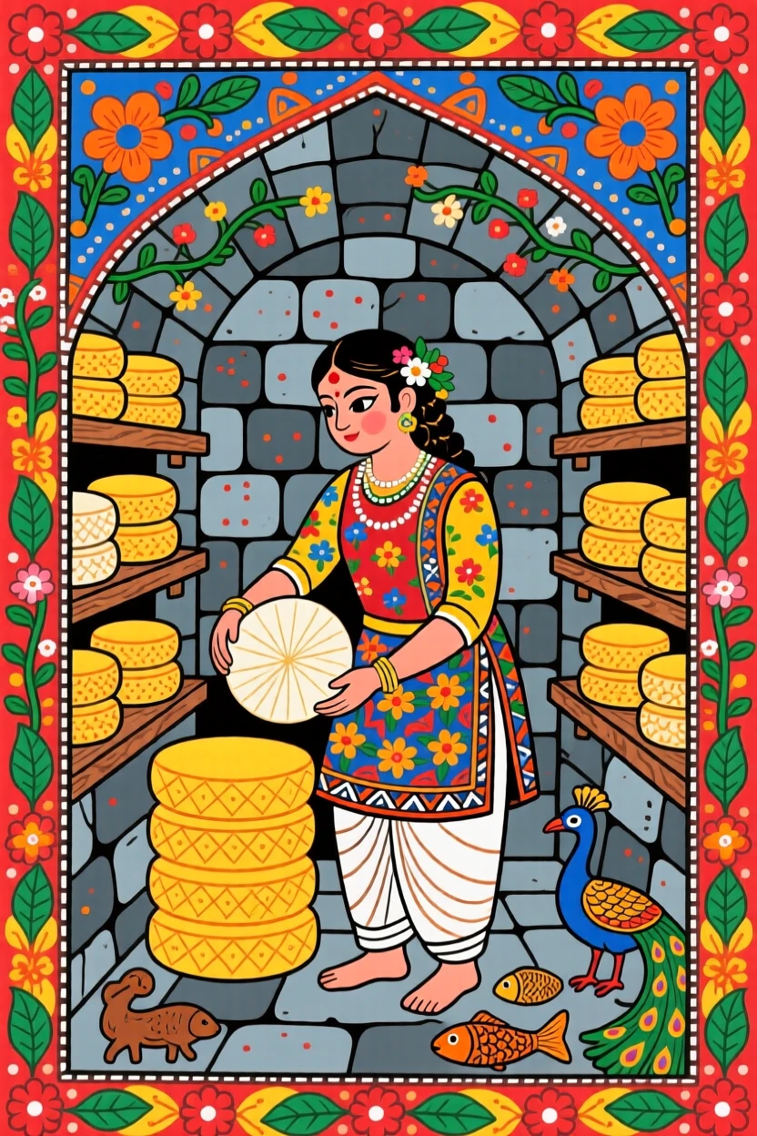 A cheese maker tending wheels of cheese in a cool stone cellar.