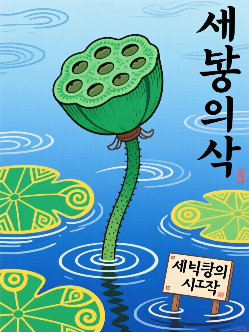 A single lotus seed pod standing above still water, symbolizing new life to come.
