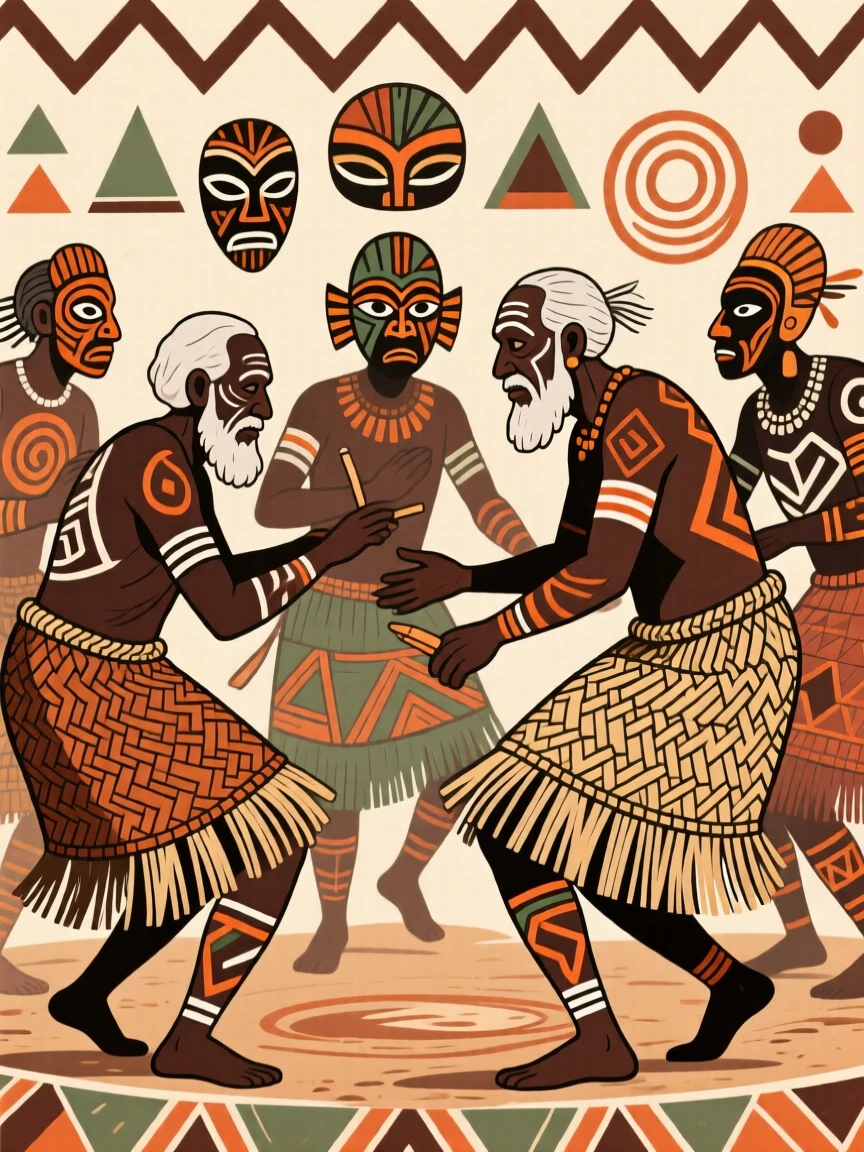A group of elders wearing woven grass skirts for a ritual dance.