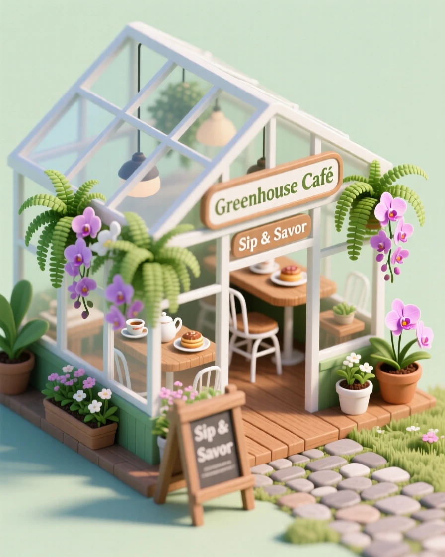 A charming small-town greenhouse café where guests sip tea among hanging ferns and blooming orchids under a glass roof.