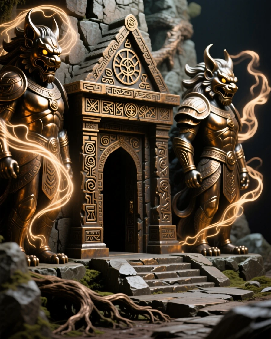 A hidden temple guarded by ancient magic, capturing a powerful sense of mystery and magic, transporting the viewer to another world