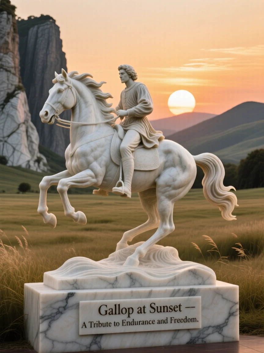 A vivid, emotionally rich scene of a rider galloping across an open plain at sunset, framed by dramatic natural scenery, designed to captivate and inspire