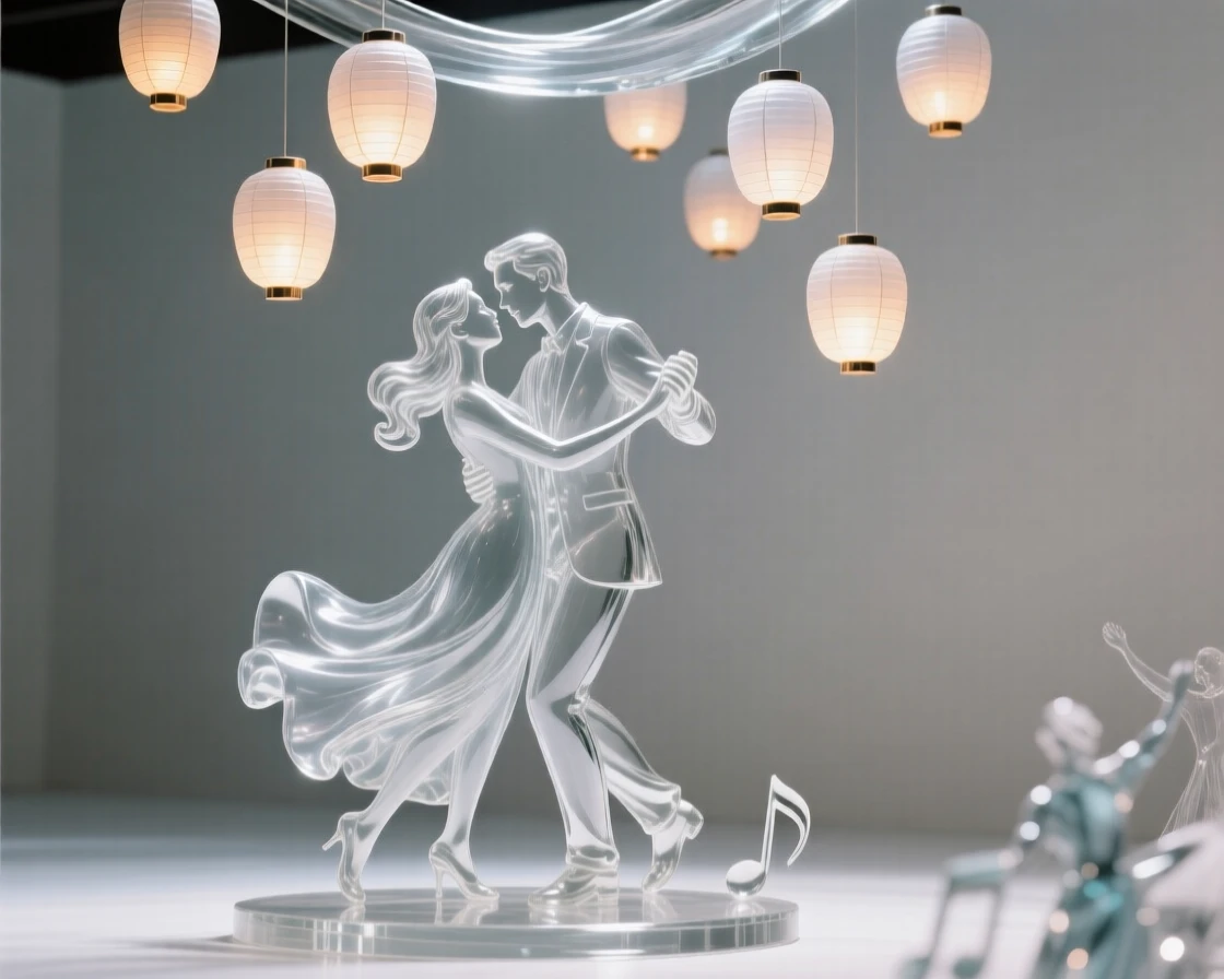 Beneath a sky filled with softly glowing lanterns, a couple dancing together beneath a canopy of floating lanterns, while the crowd begins to sway together in rhythm