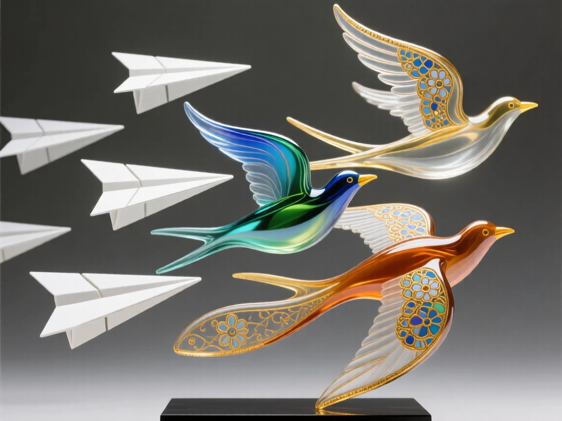 A flock of paper airplanes transforming into real birds mid-flight, whimsical and transformative.