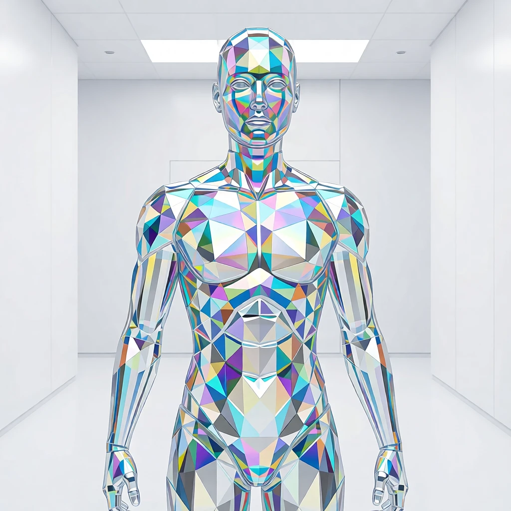 An android with translucent glowing skin standing in a minimalist white research facility.