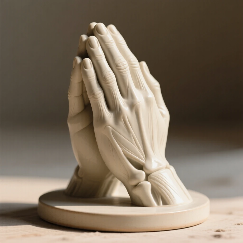A pair of praying hands in quiet repose displayed as a refined centerpiece, framed by soft ambient lighting, conveying calm, tasteful sophistication.
