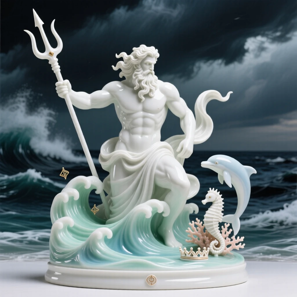 A mythological moment: Poseidon rising from the waves commanding a storm over the ocean, surrounded by symbols of divine power.