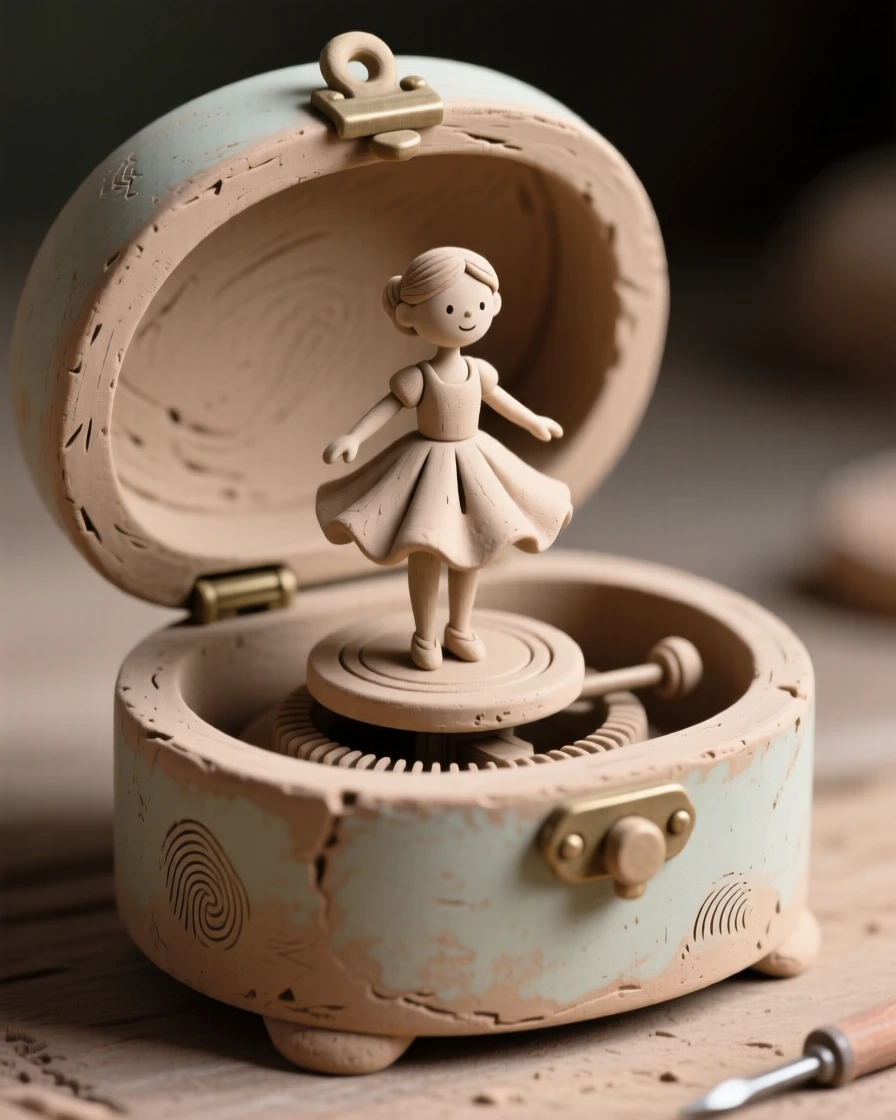 An antique music box open to reveal a tiny spinning dancer