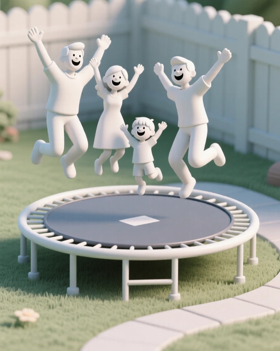 A joyful family jumps together on a backyard trampoline, all four caught mid-air with wide grins.