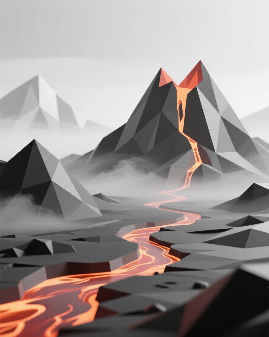 A volcanic landscape with glowing lava streams, with mist rolling gently across the ground. fine atmospheric haze adds depth to the distance. It evokes a feeling of pure tranquility.