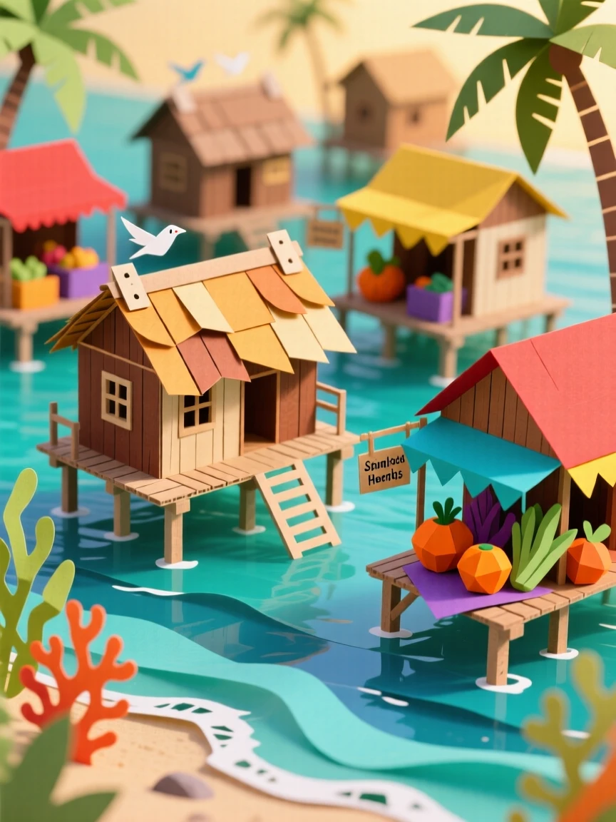 A tropical stilt village over clear water bathed in the golden light of late afternoon, with vibrant market stalls scattered about, evoking wanderlust and cultural charm.